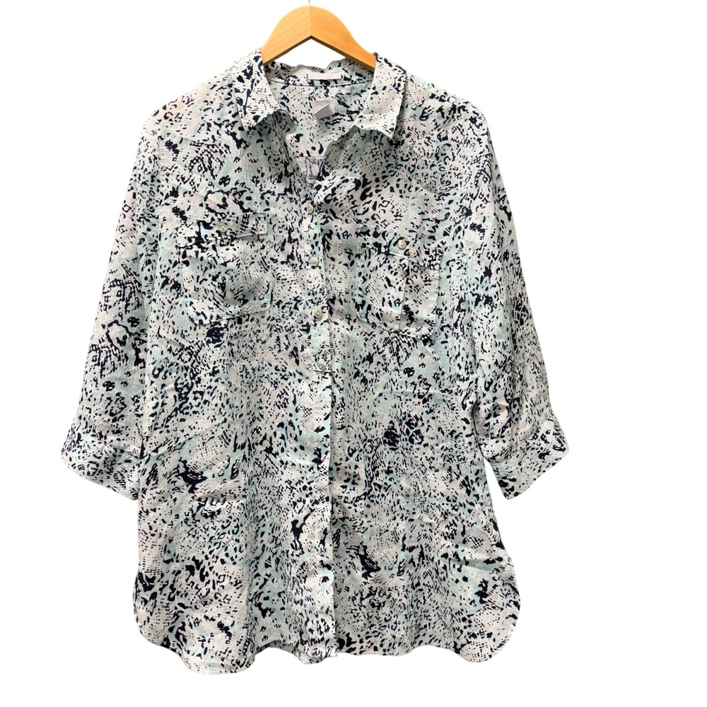 Chico's Linen Shirt Button Up Womens XL No Iron Abstract Blue Coastal Resort